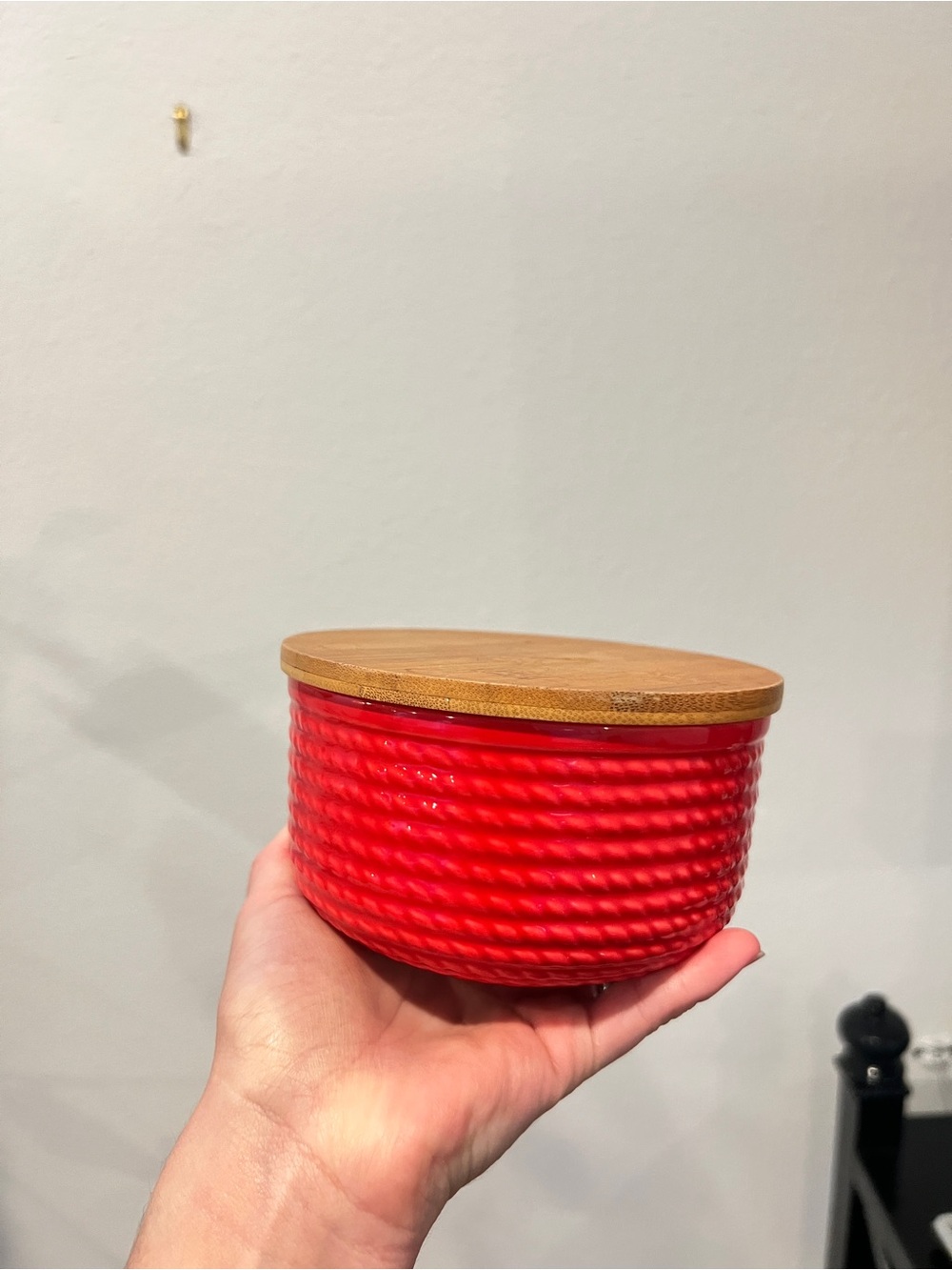 Red Textured Glass Storage Jar with Bamboo Lid